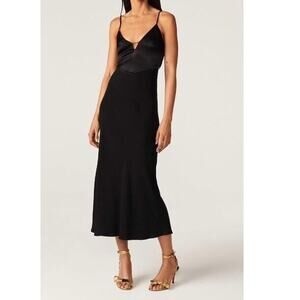 New BA&SH Ninon Satin Midi Slip Dress Open Back Cut Out Black Sz XS
